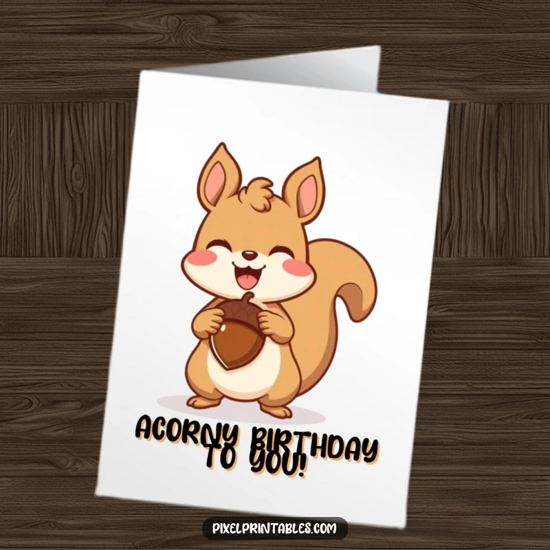 Funny Free Printable Birthday Card: A pixel squirrel holds a large pixel acorn aloft triumphantly, retro game art.