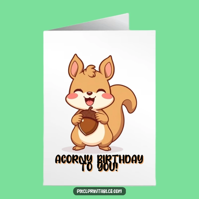 Free Printable Birthday Card: Joyful Pixel Squirrel & Acorn - Funny Downloadable Gift