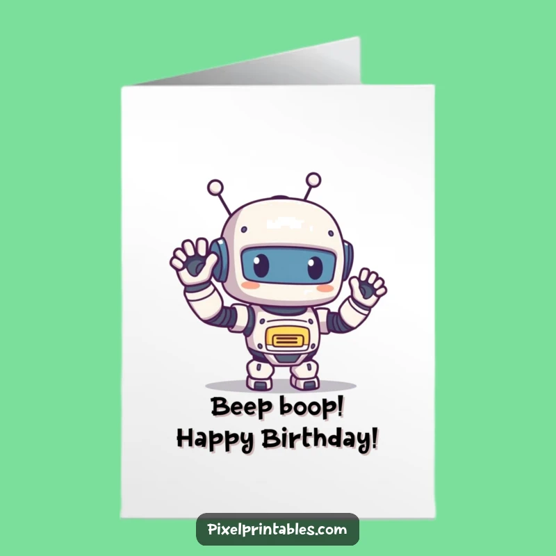 Free Printable Birthday Card: Happy Pixel Robot Waves Funny Downloadable Gift