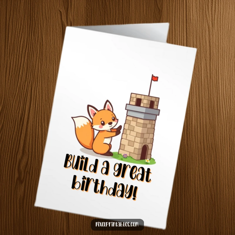 Funny Free Printable Birthday Card: A mischievous pixelated fox carefully building a tiny pixelated tower, plotting fun.
