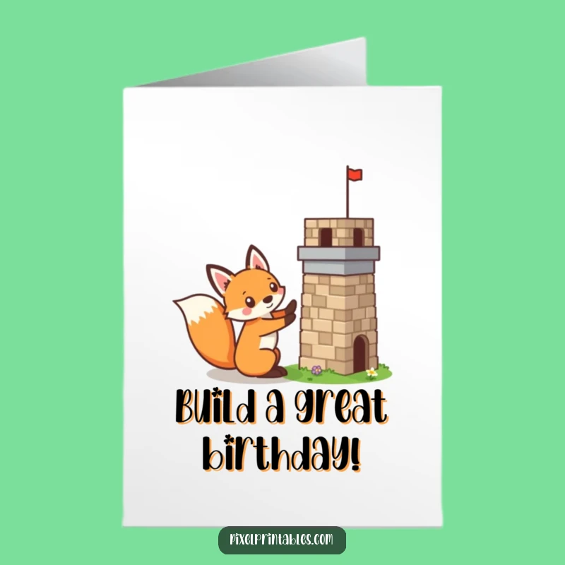 Mischievous Pixel Fox Free Printable Birthday Card - Funny Downloadable Builder Gift