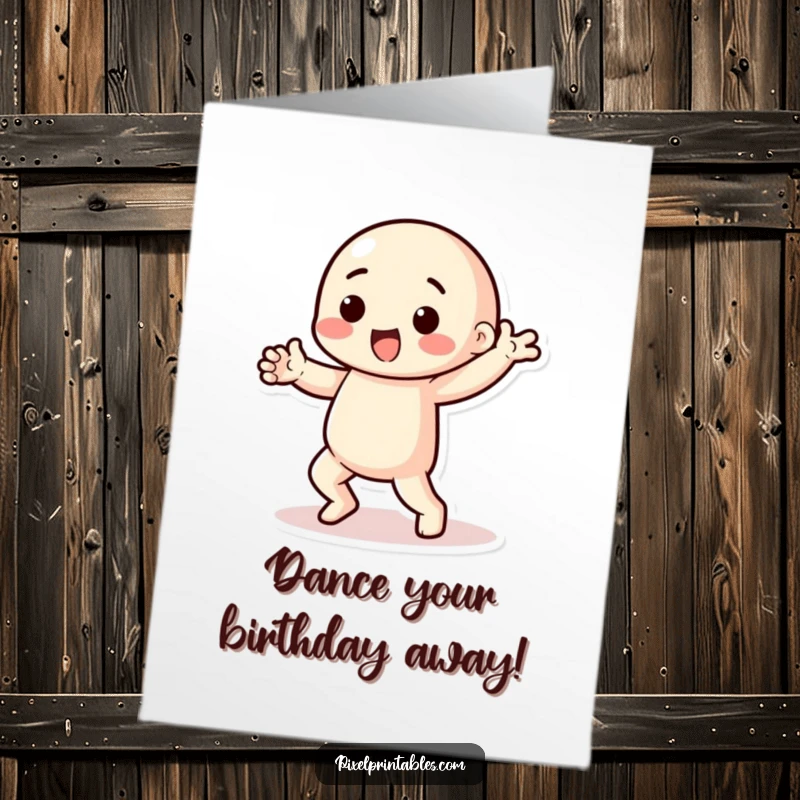 Funny Free Printable Birthday Card: Playful character with chunky limbs performing a fun pixelated dance, celebrating joyfully.