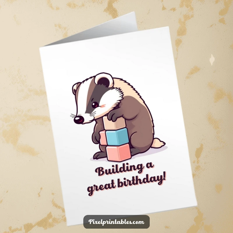 Funny Free Printable Birthday Card: A determined badger meticulously stacks pixelated cubes, building a happy birthday. Downloadable art.