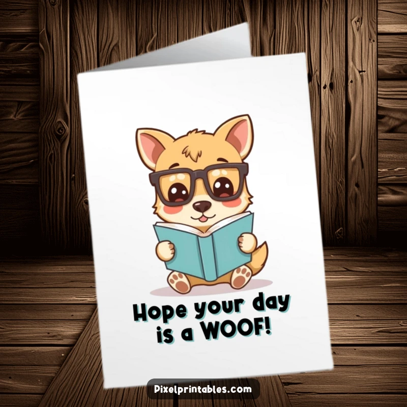 Funny Free Printable Birthday Card: Silly dog character wearing pixelated glasses, engrossed in reading a book with a happy expression.