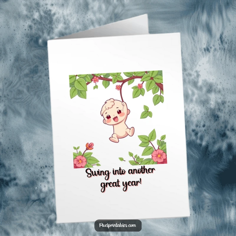 Funny Free Printable Birthday Card featuring a playful character gleefully swinging from a jungle vine, ready for fun.