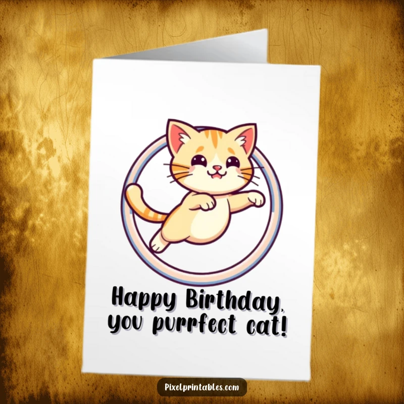 Funny Free Printable Birthday Card: Cute pixelated cat mid-air leaping through a pixelated hoop. A retro, downloadable gift.