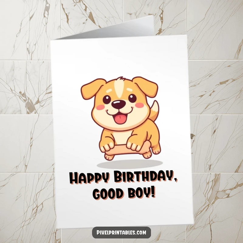 Funny Free Printable Birthday Card: A determined pixelated dog zealously chases a pixel bone for a birthday.