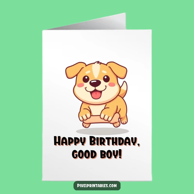 Free Printable Birthday Card: Pixel Dog Chasing Bone Funny Gift