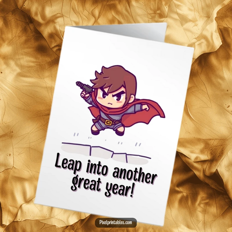 Funny Free Printable Birthday Card: Pixel hero poised for an epic leap, ready to save the day with humor.