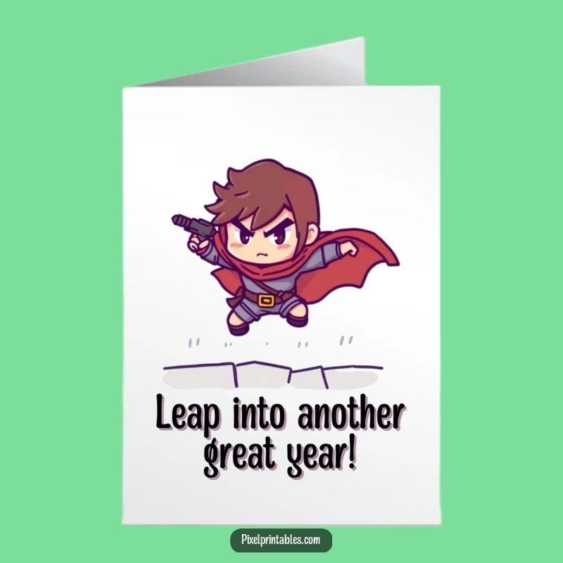 Free Printable Birthday Card: Pixel Hero Leaping Funny Downloadable Gift