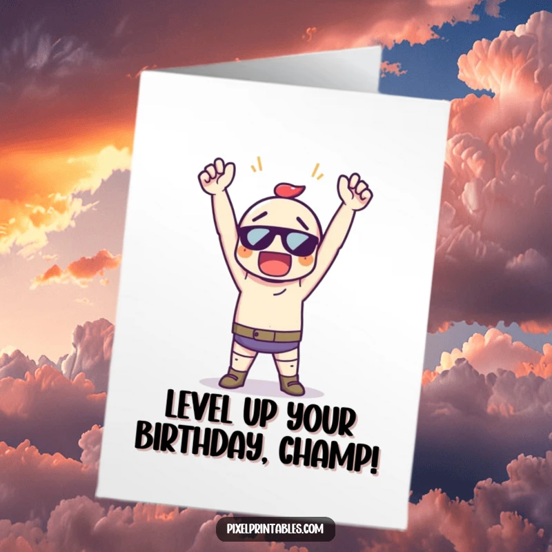 Funny Free Printable Birthday Card: A pixel art character strikes a triumphant pose, arms raised high in a gaming victory celebration.