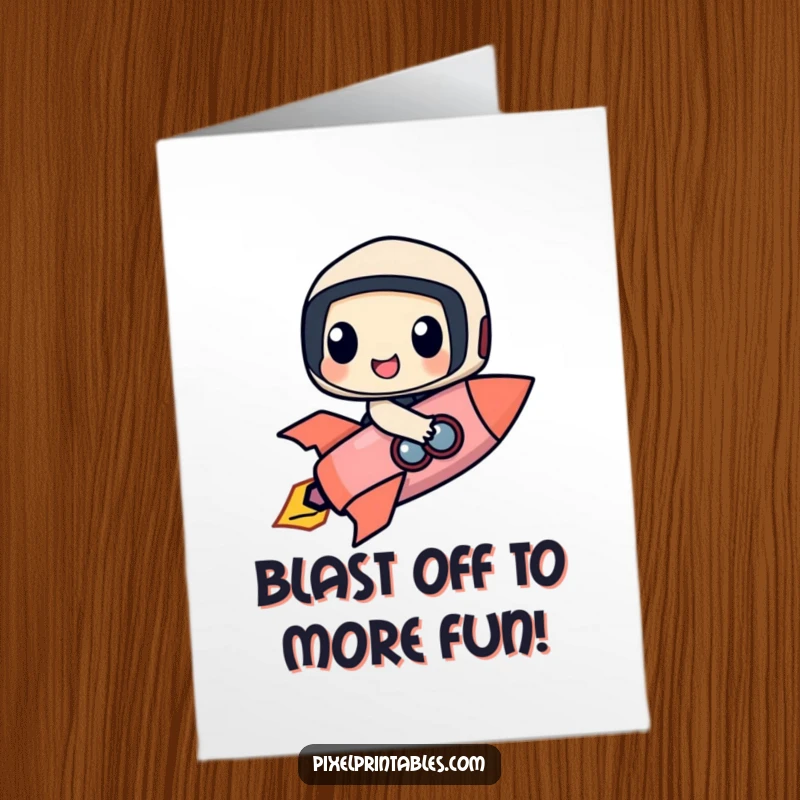 Funny Free Printable Birthday Card: A happy pixel character with geometric forms joyfully rides a pixelated rocket through space.