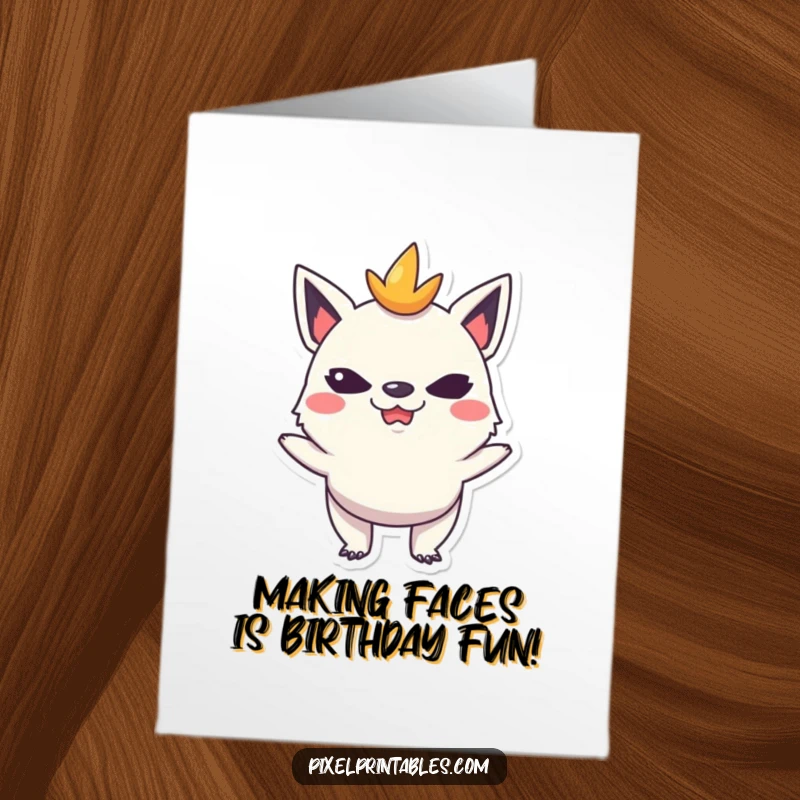 Funny Free Printable Birthday Card: A mischievous pixelated creature sticking out its tongue, making a goofy, playful face.