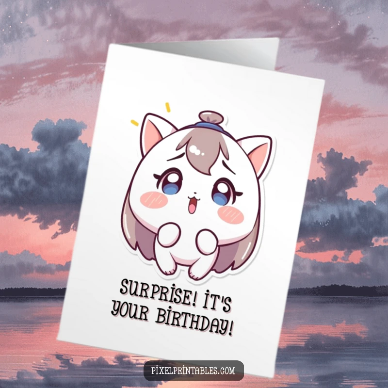 Funny free printable birthday card: a character looks in shock at a blinking light, conveying humorous surprise and birthday greetings.