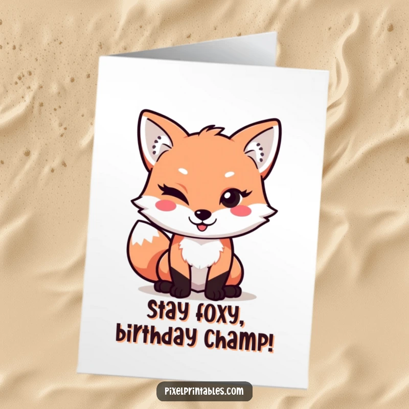 Funny Free Printable Birthday Card, a pixelated fox winking mischievously, perfect for gamers and tech lovers.