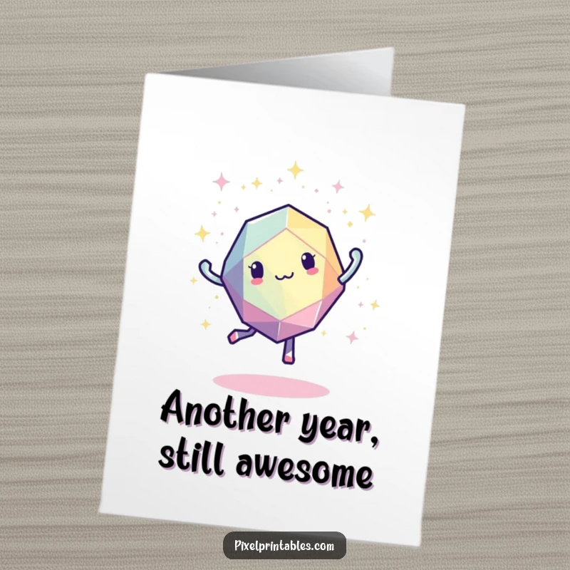 Funny Free Printable Birthday Card featuring a vibrant, pixelated geometric shape joyfully dancing among sparkling digital confetti.