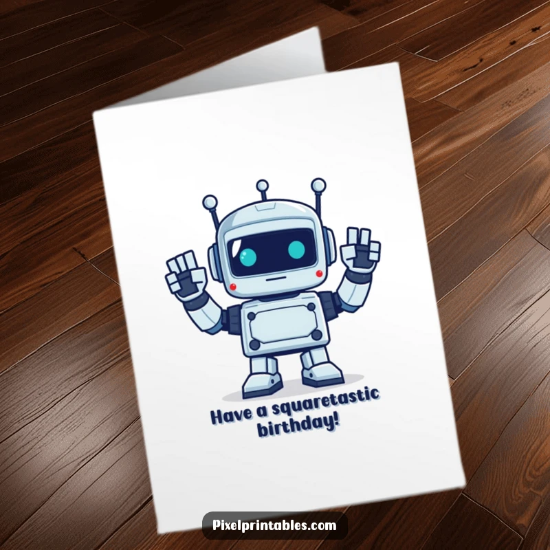 Funny Free Printable Birthday Card: A pixelated robot enthusiastically waves with its square, blocky hands.