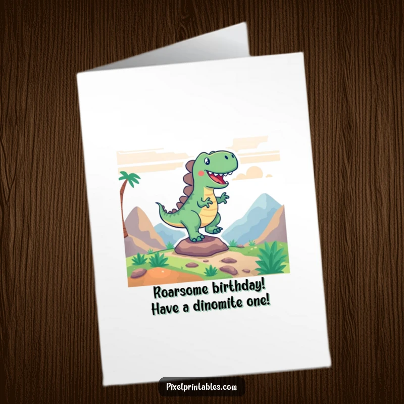 Funny Free Printable Birthday Card: Excited pixelated dinosaur stomping joyfully in a retro game landscape, ready to party.