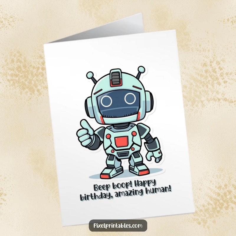 Funny Free Printable Birthday Card: Triumphant pixelated robot giving a big thumbs up in a retro game landscape, celebrating.