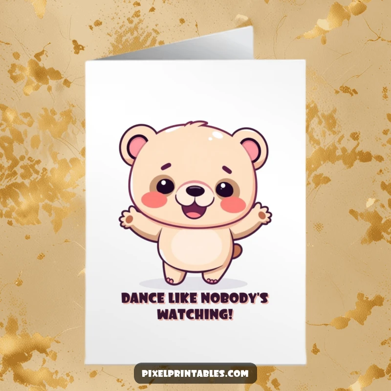 Funny Free Printable birthday card: A giggling pixelated bear enthusiastically doing a silly, joyful dance.
