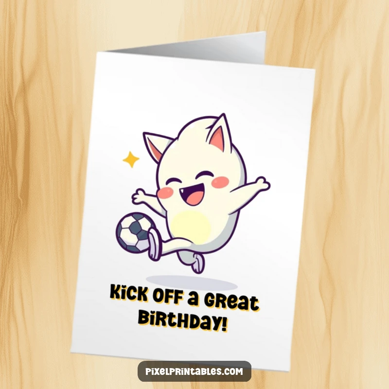 Funny Free Printable Birthday Card: Mischievous pixel character joyfully kicking a pixel ball, celebrating with energy.