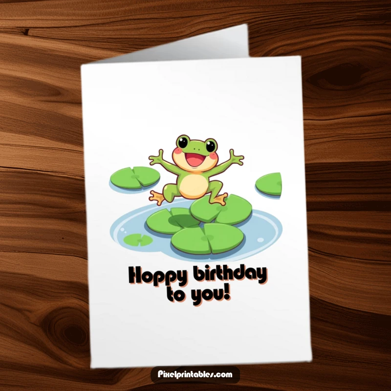 Funny Free Printable Birthday Card: Pixel frog joyfully leaping over lily pads, ready to deliver birthday wishes with a splash.