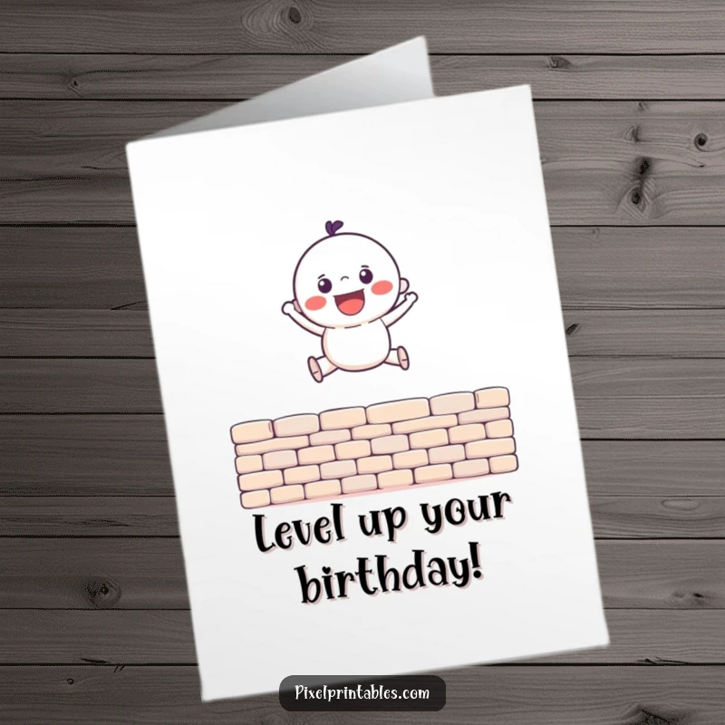 Funny Free Printable Birthday Card: Gleeful pixel character jumps over a pixelated wall, celebrating with game-like joy.