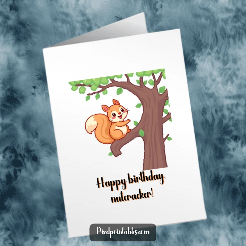 Funny Free Printable Birthday Card: A cheerful pixelated squirrel happily climbs a pixel tree, celebrating your day.