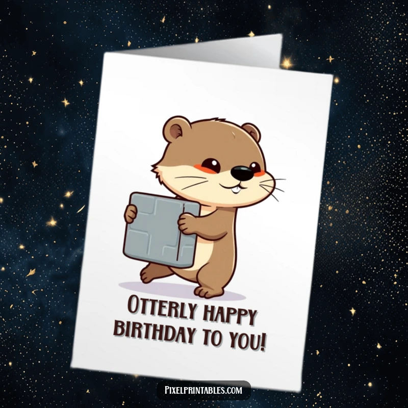 Funny Free Printable Birthday Card: Determined otter character pushing a large pixelated block with all its might.