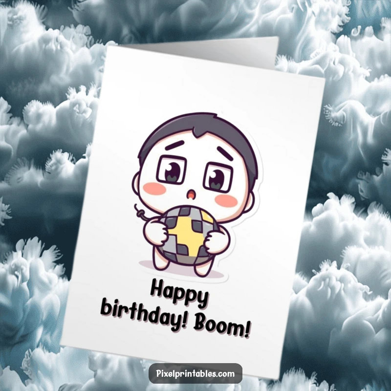 Funny Free Printable Birthday Card: A surprised character with square eyes wide, holding a ticking pixelated bomb.