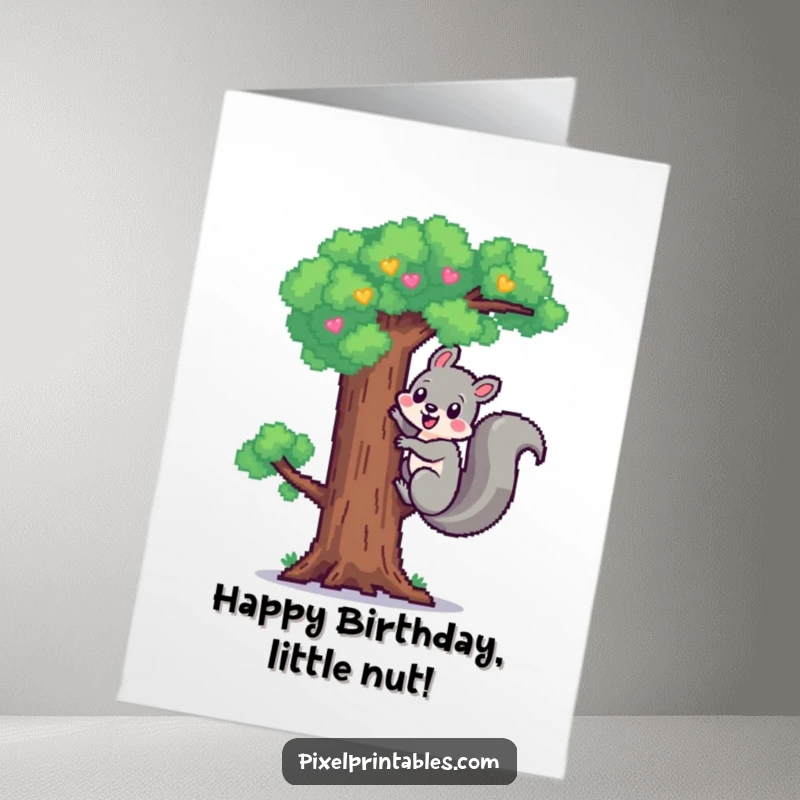 Funny Free Printable Birthday Card: A cheerful pixelated squirrel happily climbs a pixel tree for a birthday.