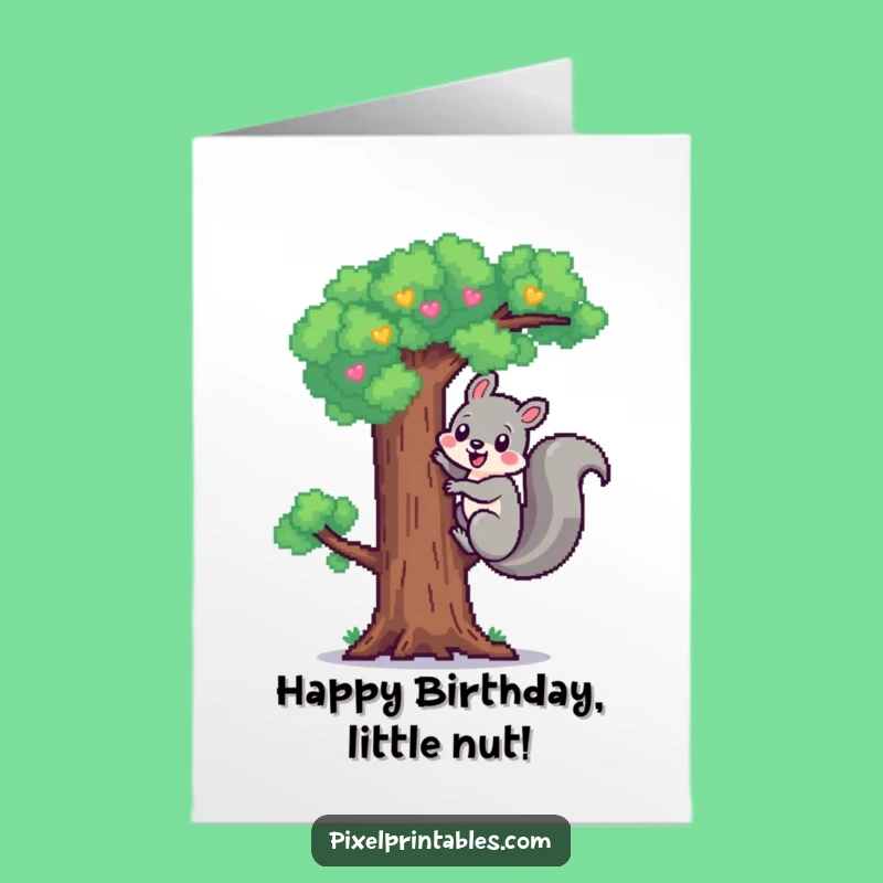 Free Printable Birthday Card: Pixel Squirrel Tree Climb Funny Gift