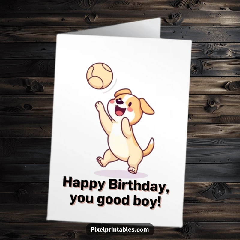 Funny Free Printable Birthday Card: Happy pixelated dog leaping to catch a pixelated ball mid-air. A fun, downloadable DIY gift.