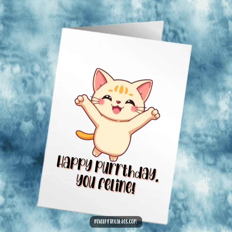 Funny Free Printable Birthday Card: A smiling pixelated cat performs a joyful leap, celebrating your special day.