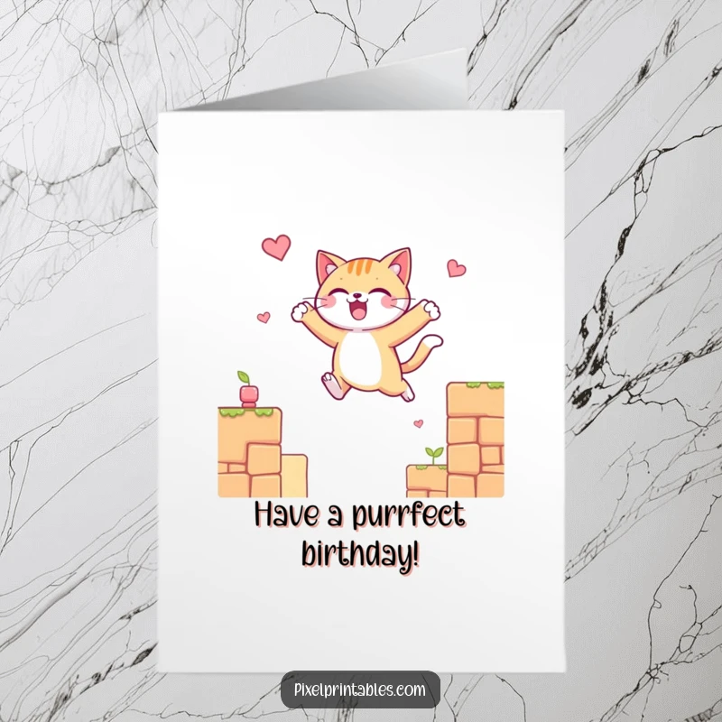 Funny Free Printable Birthday Card: Cheerful cat character leaping between pixelated platforms with pure glee.