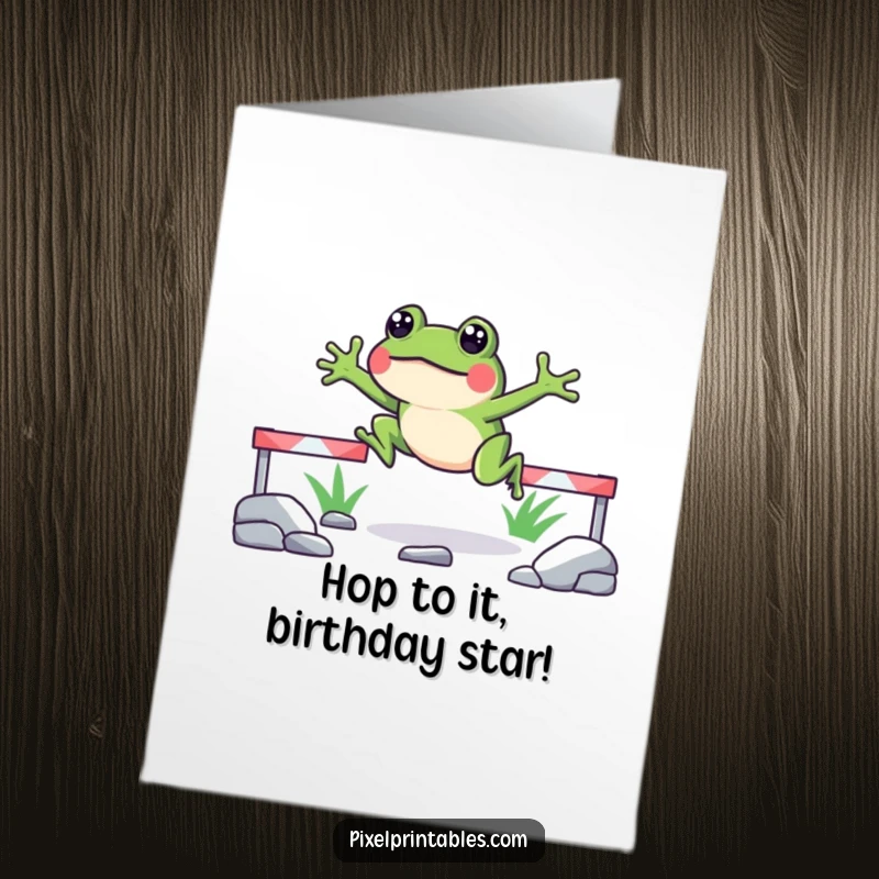 Funny Free Printable Birthday Card: Cheerful pixelated frog mid-jump over obstacles, celebrating a birthday with energy.