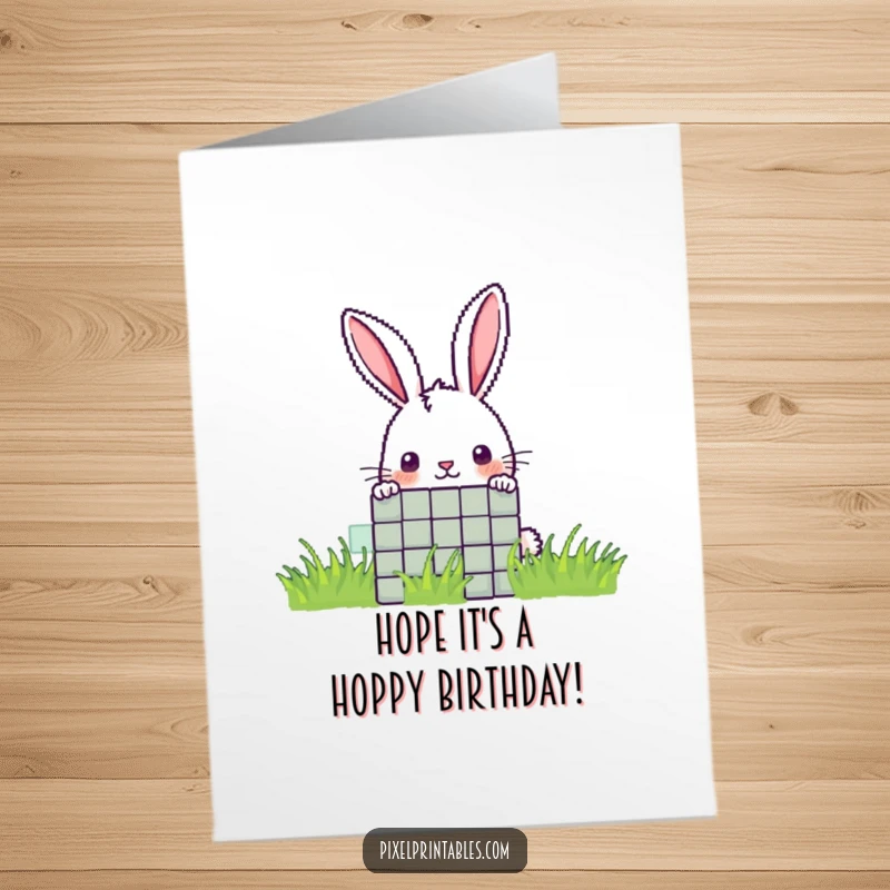 Funny Free Printable birthday card: A curious pixelated rabbit playfully peering from behind a pixelated block.