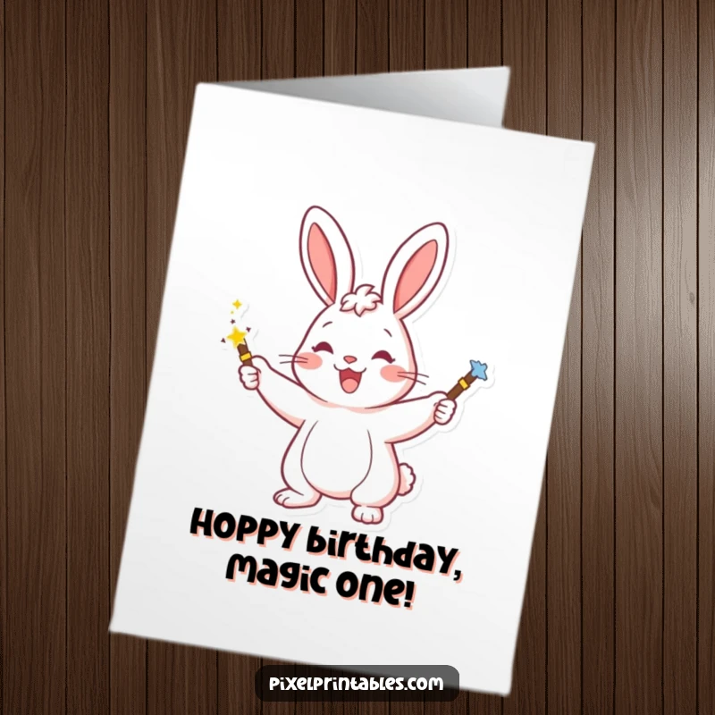 Funny Free Printable Birthday Card: Happy rabbit character waving a pixelated magic wand with a smile.