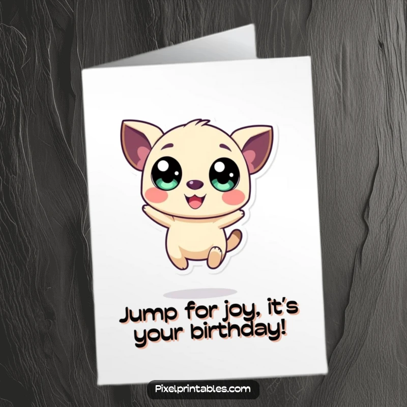 Funny Free Printable Birthday Card: A stylized pixel creature with big eyes leaping with pure, unadulterated joy.