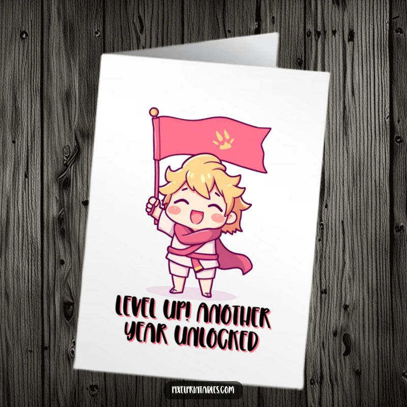 Funny Free Printable Pixel Warrior Birthday Card, a retro character victoriously raises a pixel flag, celebrating a gamer's special day.