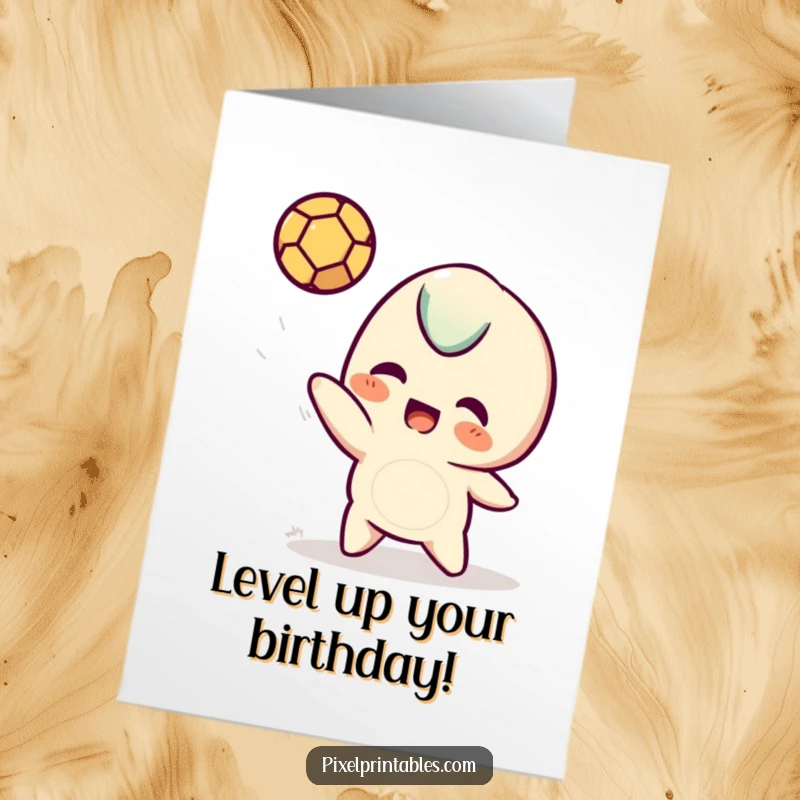 Funny Free Printable birthday card: A pixelated character playfully tossing a small pixelated ball, celebrating the game of life.