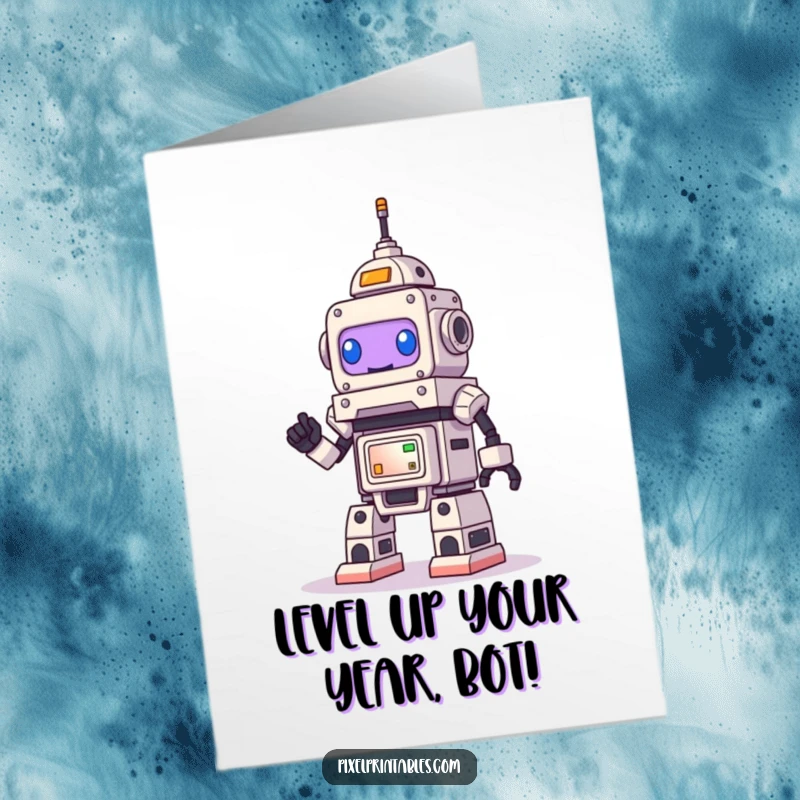 Funny Free Printable Robot Birthday Card: Determined bot smiles building a giant pixel tower, perfect DIY greeting.
