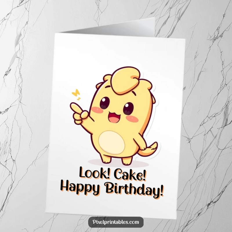 Funny Free Printable Birthday Card featuring a curious pixelated character enthusiastically pointing at something exciting.