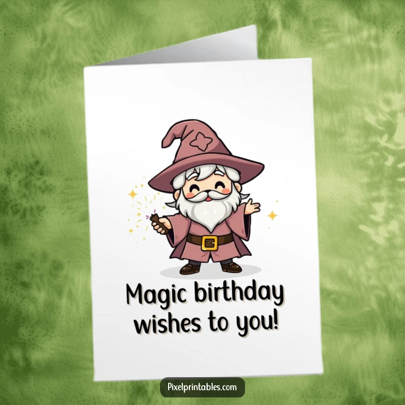 Funny Free Printable Birthday Card: Blocky wizard character delightedly casting a sparkly, magical spell for a birthday celebration.