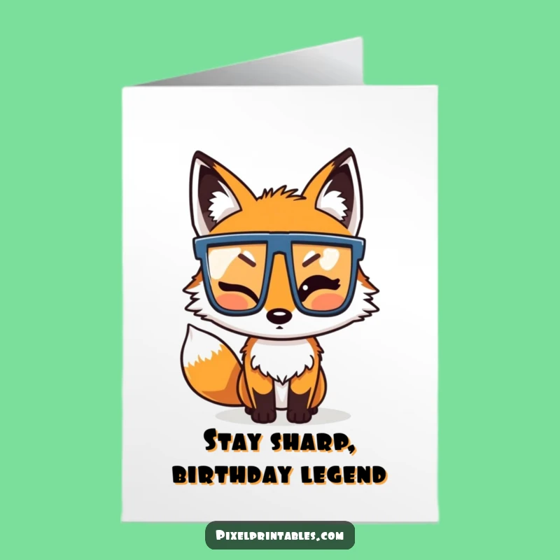 Free Printable Birthday Card: Winking Pixel Fox Adjusting Glasses, Funny Downloadable Gift