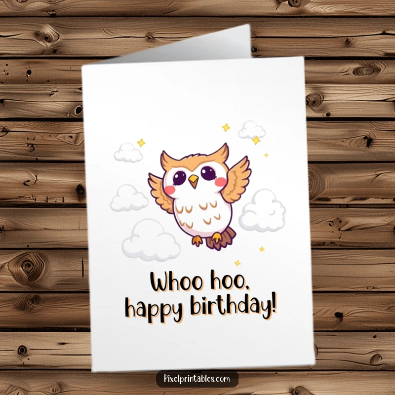 Funny Free Printable birthday card: A joyous pixelated owl flying merrily through a backdrop of pixelated clouds.