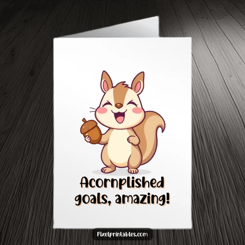 Funny Free Printable Congrats Card: A joyful pixelated squirrel holding a pixelated acorn aloft, celebrating a successful find.