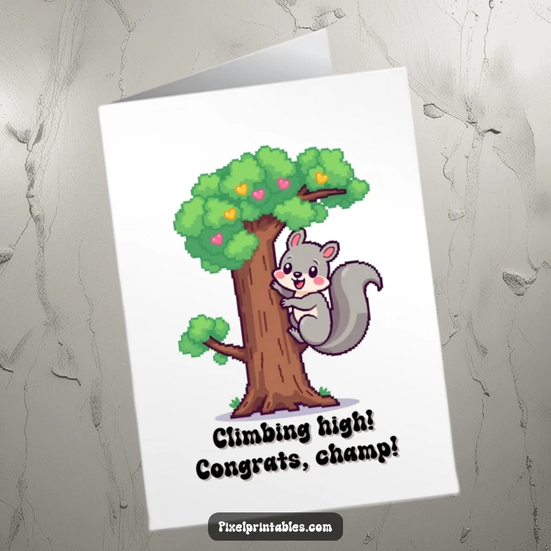Funny Free Printable Congratulations Card: A cheerful pixelated squirrel climbs a pixel tree, celebrating your success.