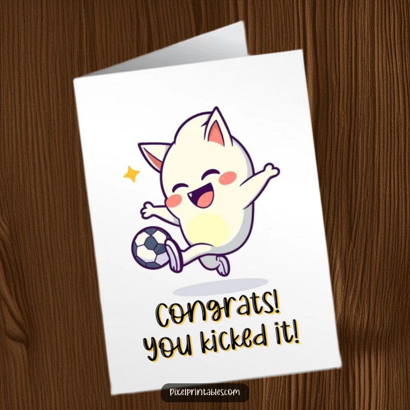 Funny Free Printable Congratulations Card: Mischievous pixel character joyfully kicking a pixel ball, celebrating a win.
