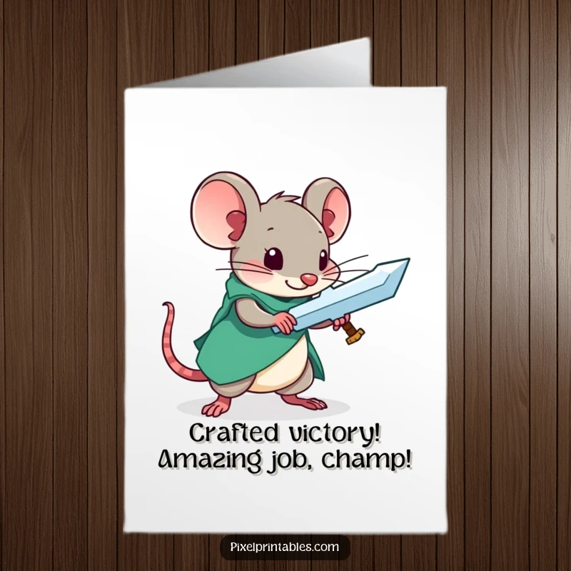 Funny Free Printable Congratulations Card: Curious pixelated mouse proudly holding a newly crafted retro game sword, celebrating achievement.